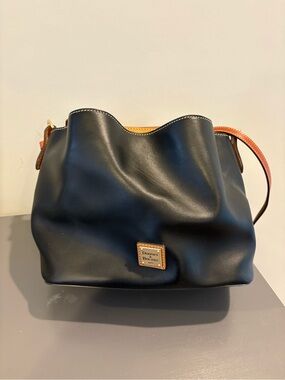 Dooney & Bourke Black Leather Shoulder Bag with Brown Trim and Tan Accent